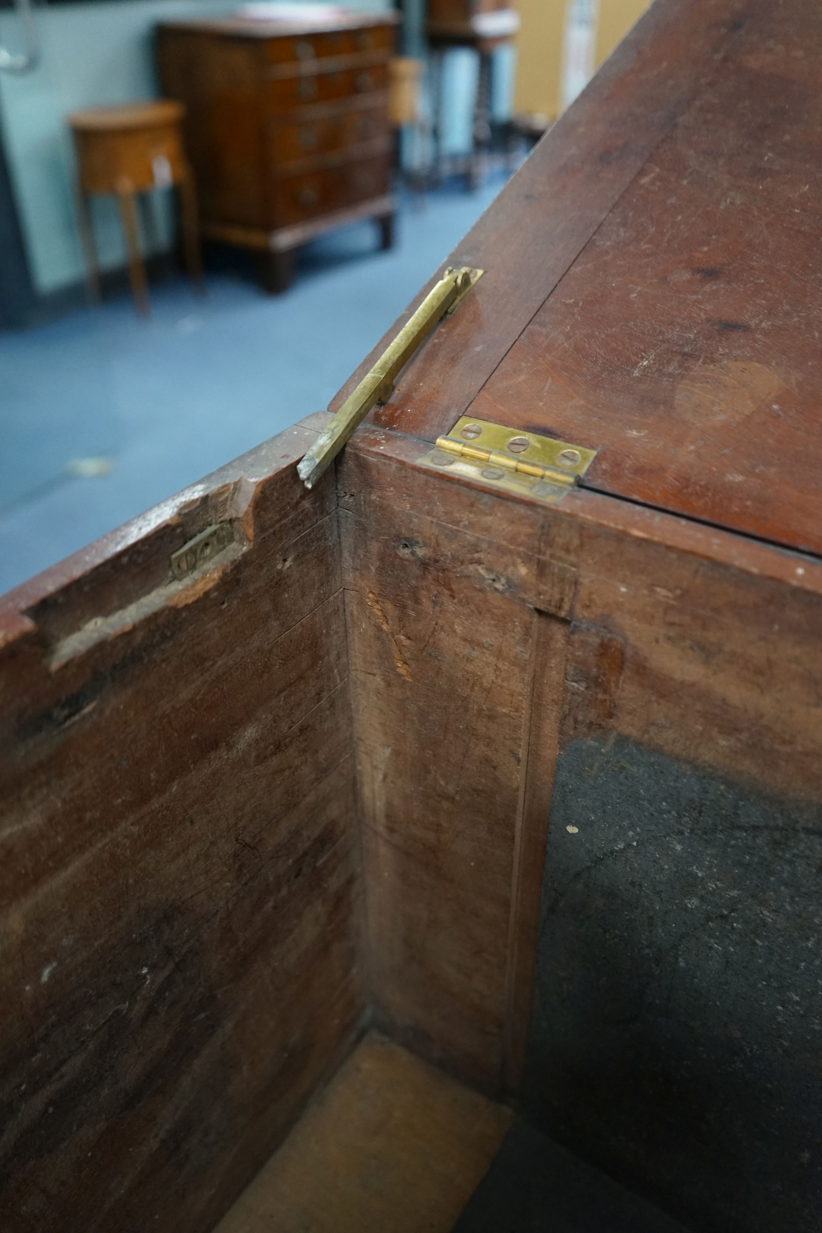 A 19th century brass-bound teak campaign trunk, having hinged top and side mounted carrying handles, width 55cm, depth 43cm, height 44cm